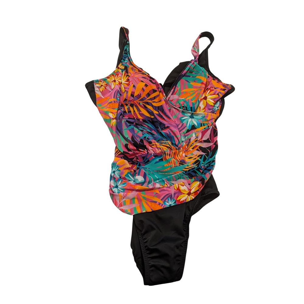Trimshaper Addison Tropical Floral One Piece Swimsuit Multi Black Size 12 NEW